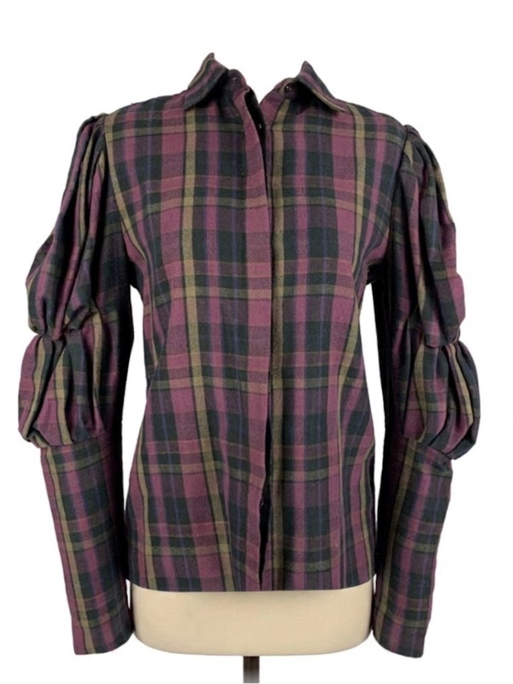 Ralph Lauren Purple Label Plum & Taupe Plaid Puff Sleeve Blouse